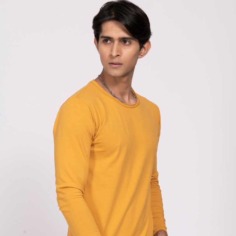Mustard colored Rough neck full sleeves T-shirt