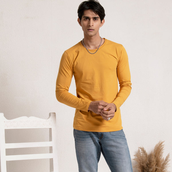 Mustard colored Rough neck full sleeves T-shirt