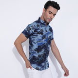Blue Half Sleeve Shirt with Tree Print