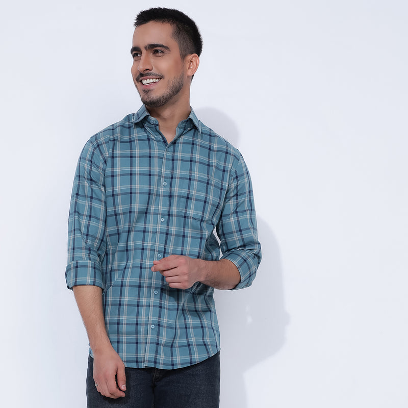 Turquoise Check Men's Shirt: Stylish and Vibrant