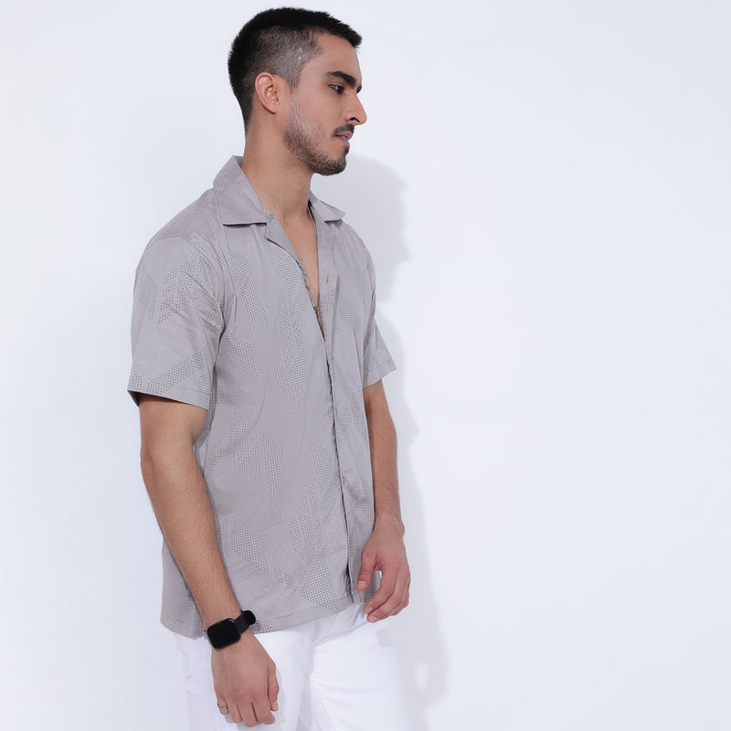 Grey Dotted Print Men's Loose Fit Shirt