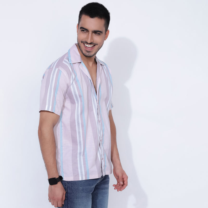 Peachy Stripes: Trendy Loose Fit Men's Shirt